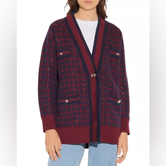 Sandro Margot Checkered Oversized Cardigan One Button  Size 0 - Picture 1 of 15